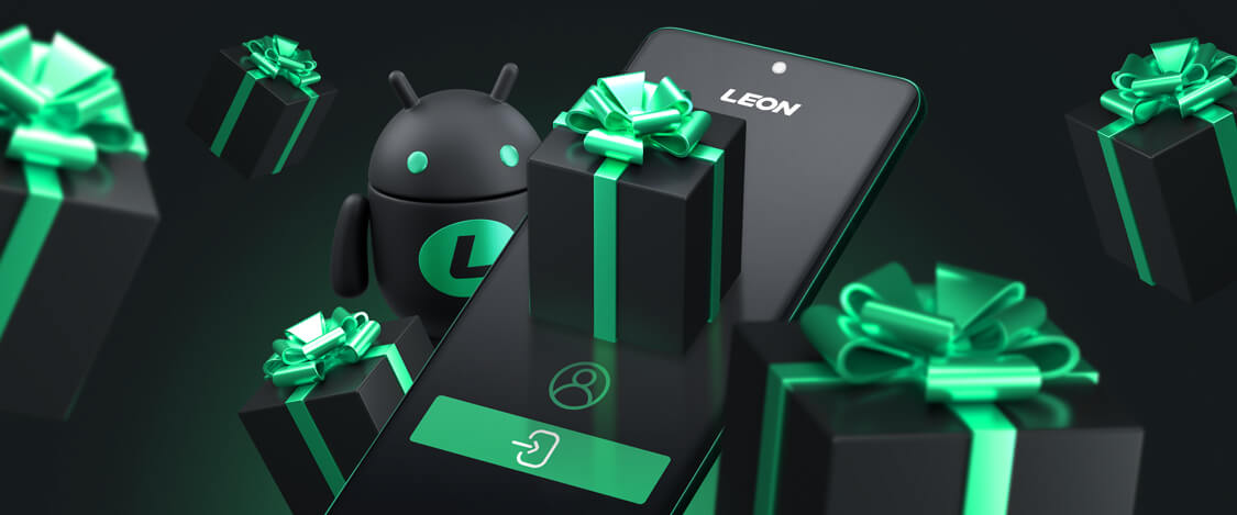 Android figure and black Leon smartphone surrounded by gift boxes with green ribbons on a dark background