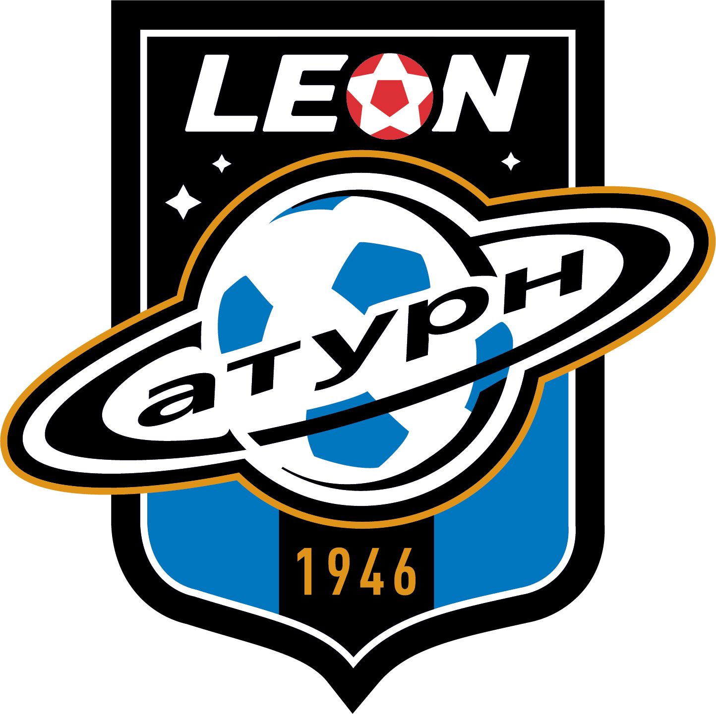 Club Leon logo featuring a soccer ball encircled by a ring, with the team's founding year 1946, set against a shield with black and blue colors.