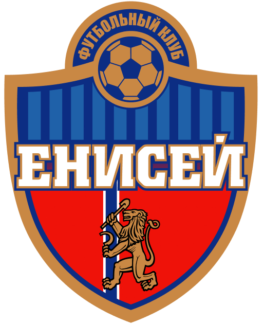 Logo of Enisei FC, a Russian football club, featuring a red and blue shield with a lion holding a sword and a soccer ball at the top