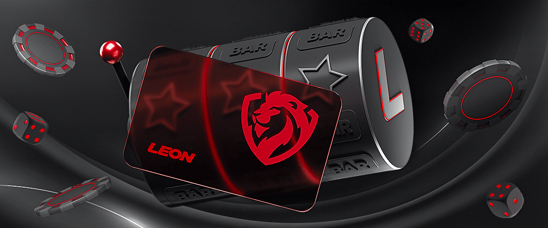 Futuristic design of a casino slot machine with Leon branding, showcasing red and black color theme with floating dice and casino chips.